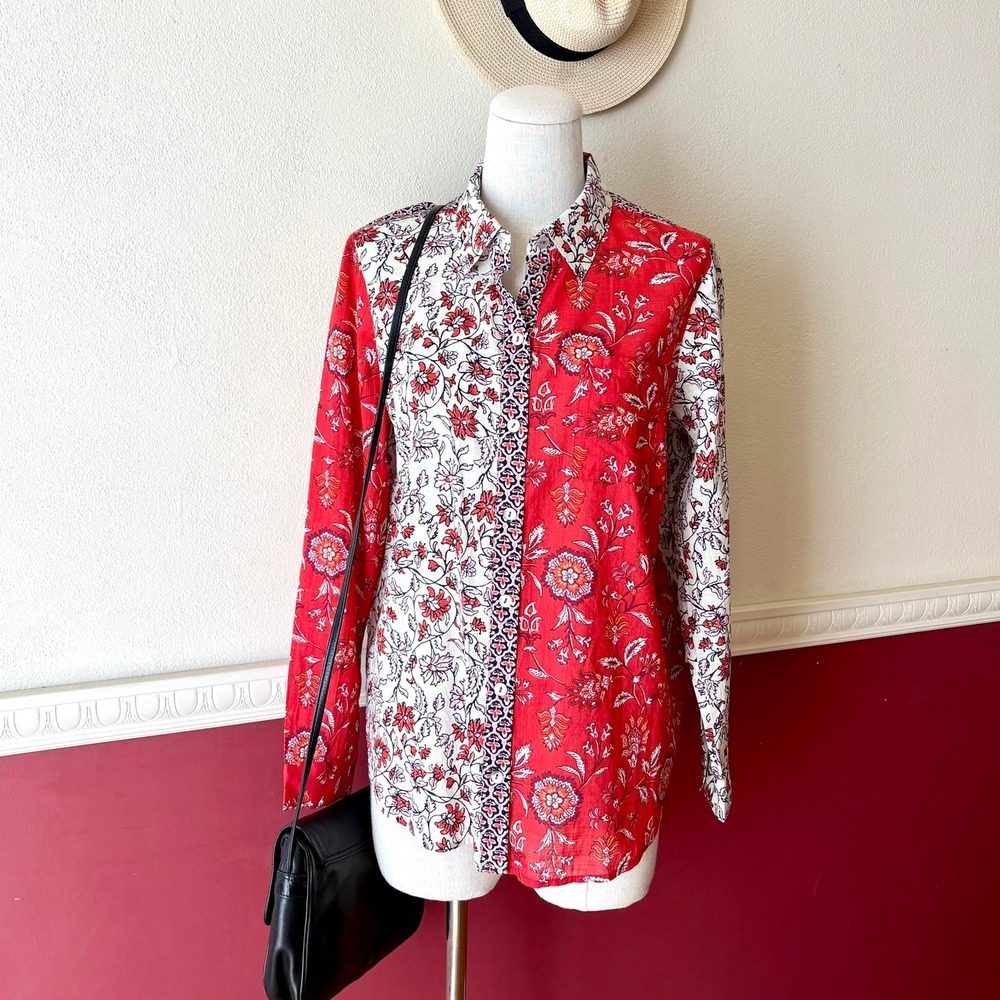 J. Jill Mixed Floral Print 100% Cotton Button Down Top Red White Size PS Artsy